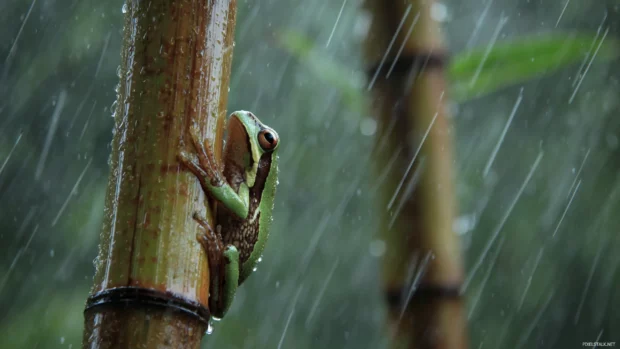 Frog clinging to a bamboo stem in a light rain, focus on texture and natural tranquility.