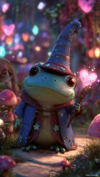 Frog dressed as a tiny wizard casting sparkly heart spells in a fantasy land as part of a Kawaii Frog Wallpaper.