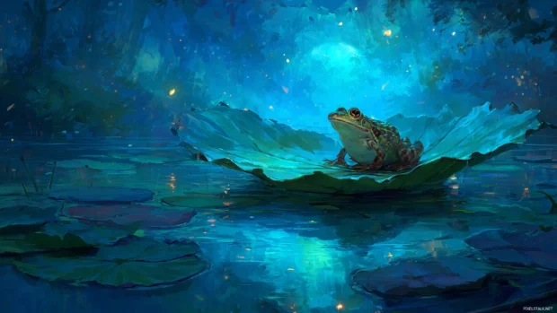 Frog floating on a leaf boat in a fantasy river, glowing water and moonlight above, whimsical and serene.