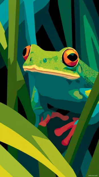 Frog illustration wallpaper design showing flat vector frog with bold shapes and contrasting color palette.