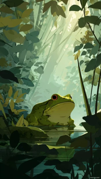 Frog illustration wallpaper for desktop combining flat cartoon frog elements with gentle forest backdrop.