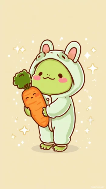Frog in bunny pajamas hugging a carrot plushie with sparkles around for a comforting Kawaii Frog Wallpaper.