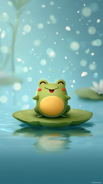 Frog kawaii wallpaper design with a cheerful cartoon frog waving from a lily pad with soft gradient sky background.