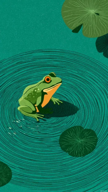 Frog mobile wallpaper in flat illustration with stylized frog sitting on a lily pad surrounded by simple water ripple lines.