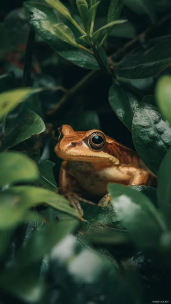 Frog phone wallpaper showing a camera ready frog amidst tropical leaves in hd macro style.