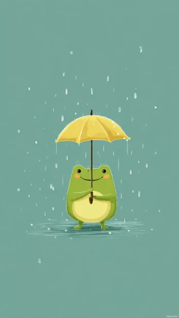 Frog phone wallpapers cartoon style showing a cheerful frog holding a tiny umbrella under raindrops on soft teal background.