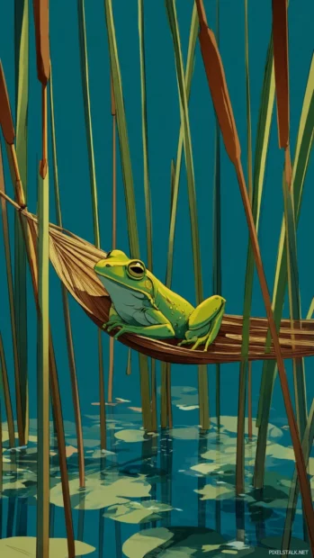 Frog relaxing on a leaf hammock strung between two cattails, charming and whimsical vertical scene.