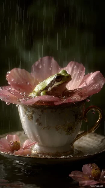 Frog resting in a flower cup filled with rainwater, soft lighting and delicate vertical fantasy mood.