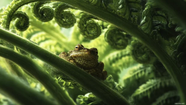 Frog resting under a large curled fern, tropical mood with filtered sunlight and rich greens.