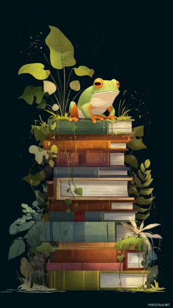 Frog sitting on a stack of books in a tiny forest library, peaceful fantasy concept in vertical format.