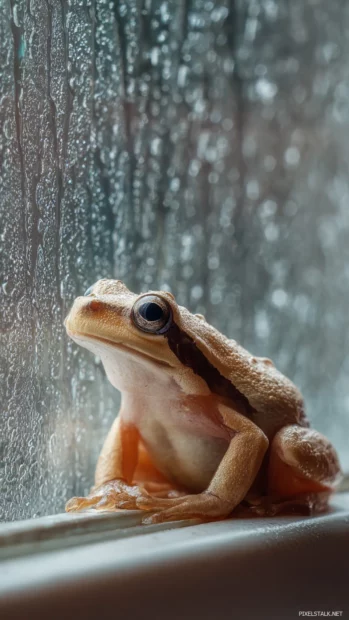 Frog sitting on a windowsill during a rainy day, water droplets on glass, cozy indoor outdoor contrast.