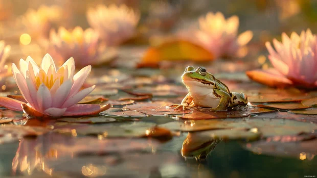 Frog sitting peacefully on a lily pad surrounded by blooming lotus flowers under golden sunset light.