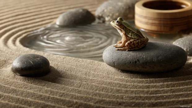 Frog sitting quietly in a Zen garden beside smooth stones and a tiny waterfall, meditative and calm.