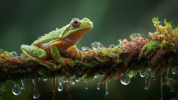 Frog wallpaper 4k showing a tree frog perched on moss covered branch with dew drops catching morning light.