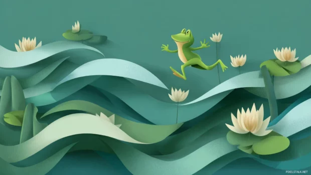 Froggy cartoon wallpaper in flat vector design showing a frog jumping between lily pads on graphic waves.