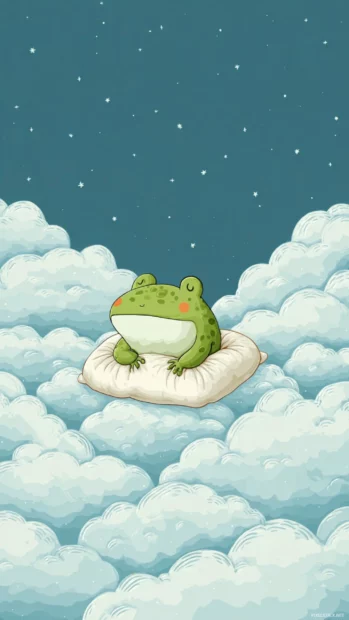 Froggy cuddling a pillow while floating in the clouds, vertical cartoon dreamscape.