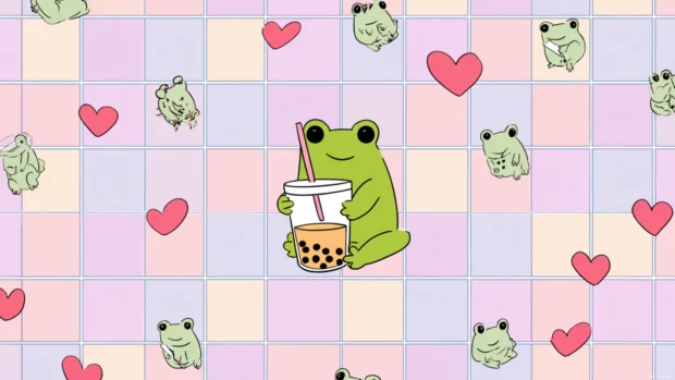 Froggy drinking boba tea with a heart shaped straw in a tiled pattern on a pastel grid.