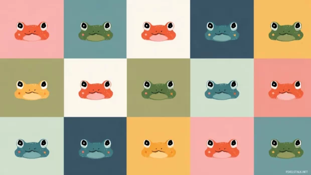 Froggy flat wallpaper featuring a frog face pattern repeated over pastel squares with clean modern aesthetic.