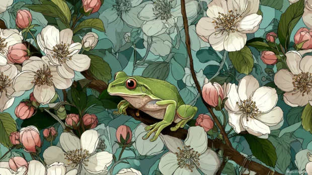 Froggy floral wallpaper showcasing a frog nestled among stylized blossoms and leaves in a cohesive tile layout.