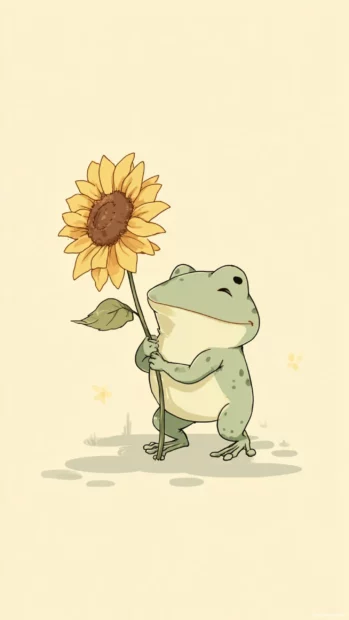 Froggy holding a sunflower and winking, minimal cartoon style with pale yellow tones.