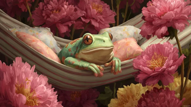 Froggy in a hammock strung between two flowers with soft pillows and a sleepy expression.