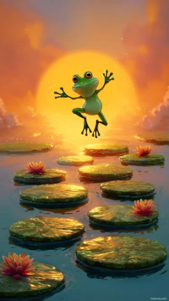 Froggy jumping through a series of floating lily pads with a glowing sunset.