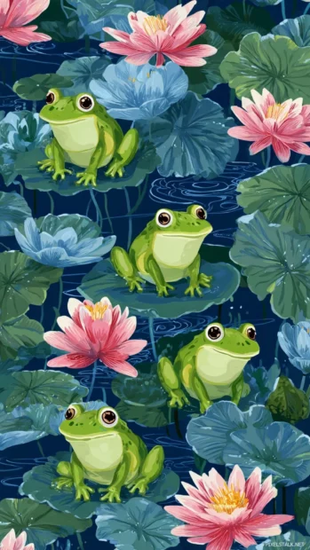 Froggy pattern wallpaper phone version blending cartoon frogs and stylized water lilies in vertical layout.