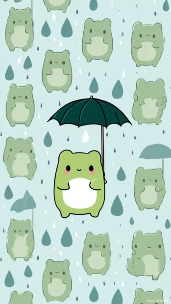 Froggy phone wallpaper kawaii style showing a cute frog holding a tiny umbrella in flat pastel raindrop pattern.