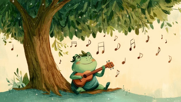 Froggy playing a ukulele under a cartoon tree with musical notes floating around, cozy and whimsical.