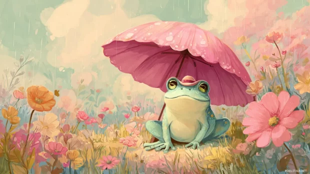 Froggy relaxing under a pink mushroom umbrella in a cartoon meadow with soft pastel flowers.