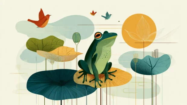 Froggy standing on a giant lily pad with birds flying overhead, soft tones and clean vector lines.