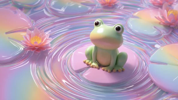 Froggy wallpaper 4k showing a stylized cartoon frog sitting on a lily pad surrounded by pastel water ripples.