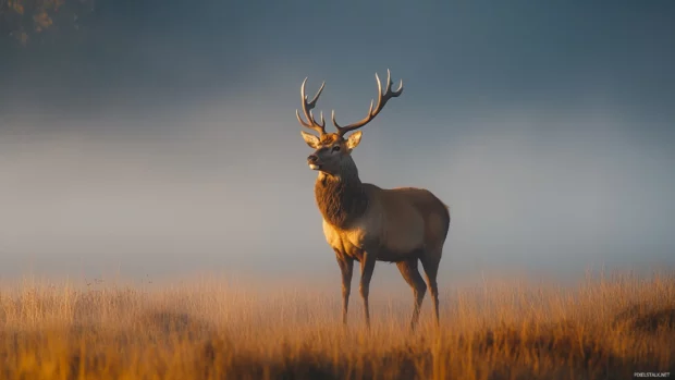 From a low angle, a cool deer towers majestically in the morning fog.