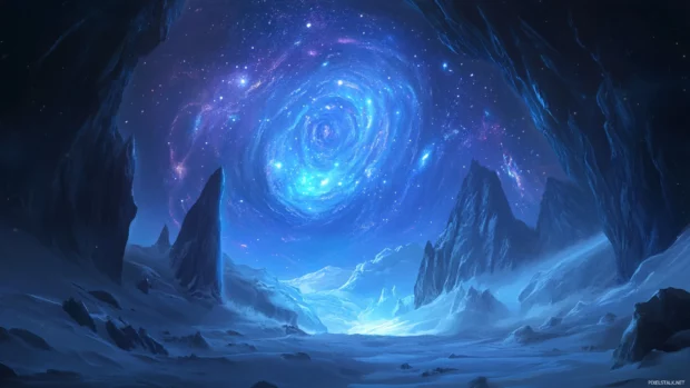 From the depths of a glowing ice cave, a view opens up to swirling galaxies framed by shimmering blue walls.