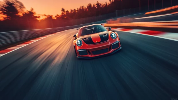 Front angle of a Porsche GT3 RS on a racetrack, motion blur effect for a dynamic 4K wallpaper.