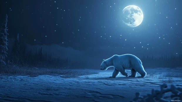 Frozen tundra glowing under moonlight with a Polar Bear walking slowly through the frost.