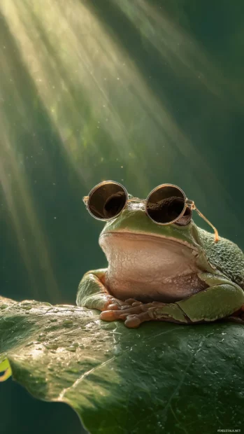 Funny cute frog wallpaper showing a frog wearing tiny sunglasses and lounging on a leaf under sunshine rays.
