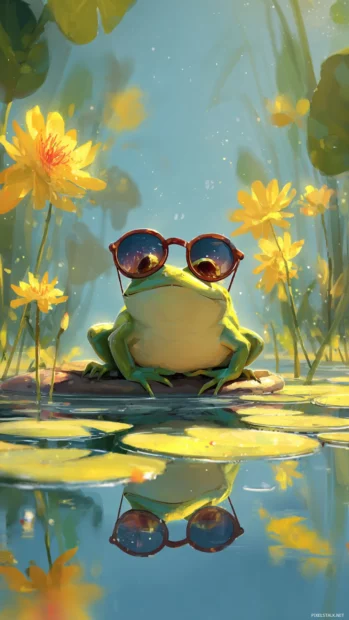 Funny frog wallpaper with a mischievous frog wearing sunglasses on a sunny pond bank, bright summer vibe.