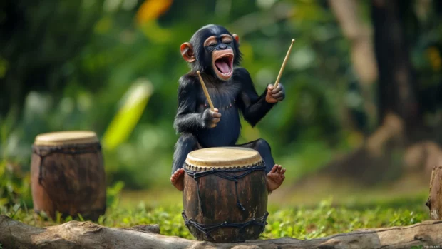 Funny monkey drumming on hollow logs while pulling a silly face.