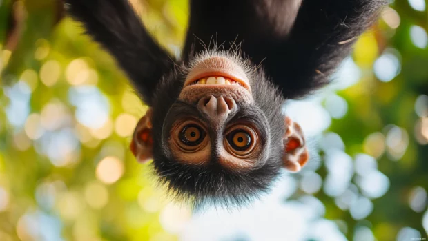 Funny monkey making a goofy face while hanging upside down from a tree.