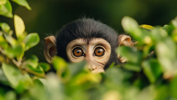 Funny monkey peeking out from a bush with only its eyes and ears showing.