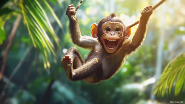 Funny monkey swinging wildly on a vine with a giant grin.
