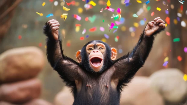 Funny monkey throwing confetti in the air celebrating for no reason.