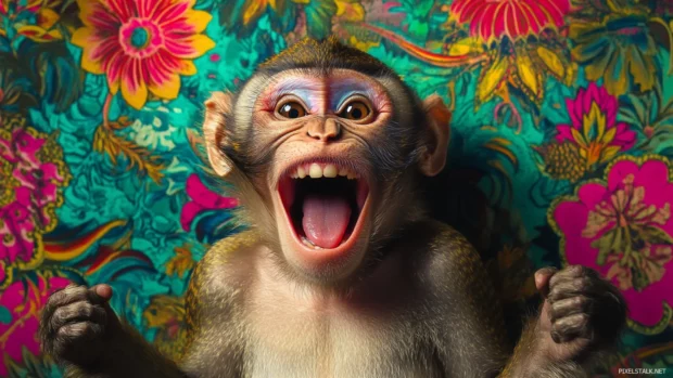 Funny monkey wallpaper capturing a monkey mid laugh with bright.