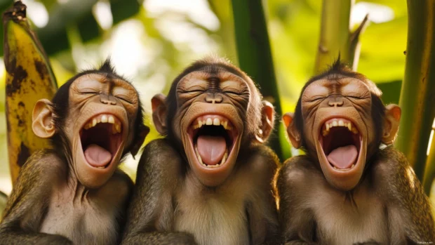 Funny monkey wallpaper showing a group of monkeys laughing together under banana trees.