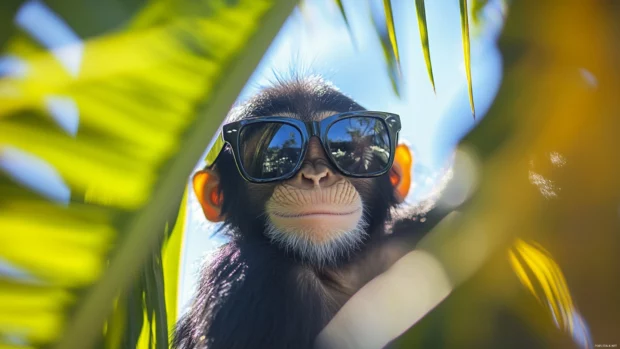 Funny monkey wearing sunglasses making a cool pose under a palm tree.