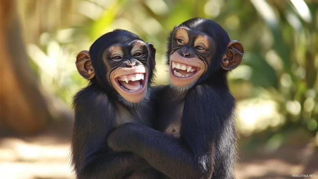 Funny monkey with a mischievous grin pulling a prank on another monkey.
