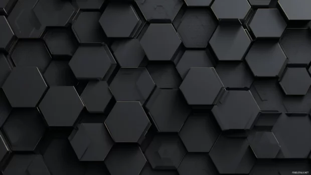 Futuristic Black Geometric wallpaper featuring layered hexagonal shapes and subtle shadows.