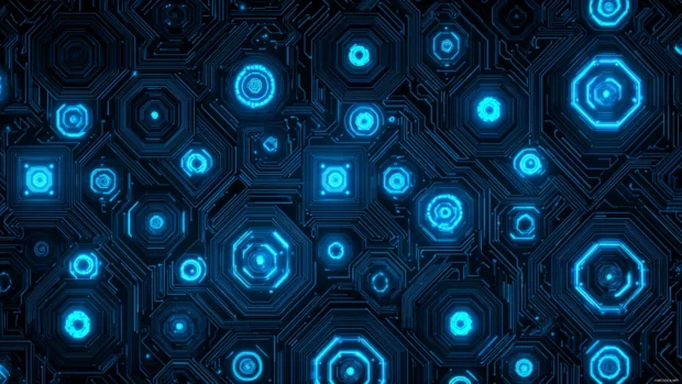 Futuristic Blue Geometric wallpaper featuring glowing circuit patterns in a tech inspired style.