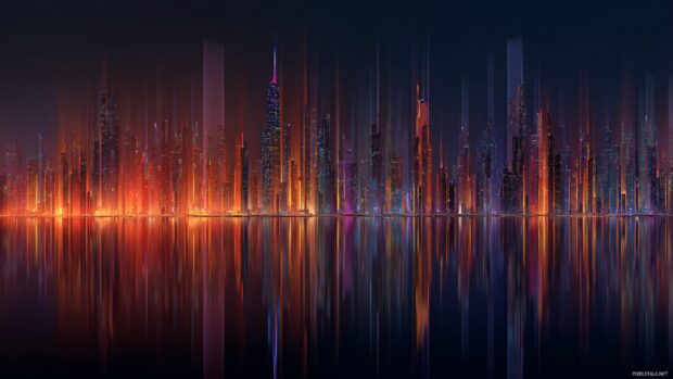 Futuristic cityscape made entirely of Geometric shapes and glowing edges in a digital art style.